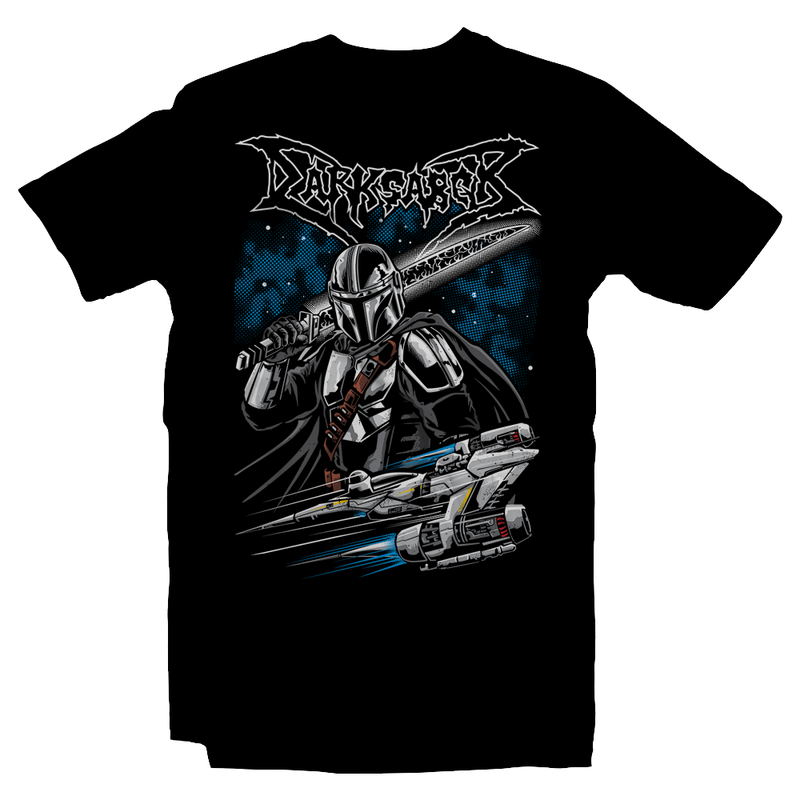 Heavy Metal Tees by Draculabyte l Made from 100% cotton, this unisex t-shirt rocks. Black T-shirt in sizes from small to 6X. Metalheads, Graphic Art, Rock, Movie, Film, Sci-Fi, Yoda, Bounty Hunter, TV Show, Mandalorian, Boba Fett, Darth Vader, This is the way, Music, The Child, Ride the Lightning, Grogu, N1 Star Fighter, Slave 1, Darksaber, Online Shop, Art