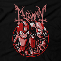 Heavy Metal Tees by Draculabyte l Made from 100% cotton, this unisex t-shirt rocks. Black T-shirt in sizes from small to 6X. Metal, Metalheads, Blue Bomber, Switch, SNES, NES, Nintendo, 8 Bit, 80s, 1980s, Rockman, Japan, Japanese, Megaman, Mega Man X, Retro, Wave, 90s, 16 Bit, Jump and Run, Boss