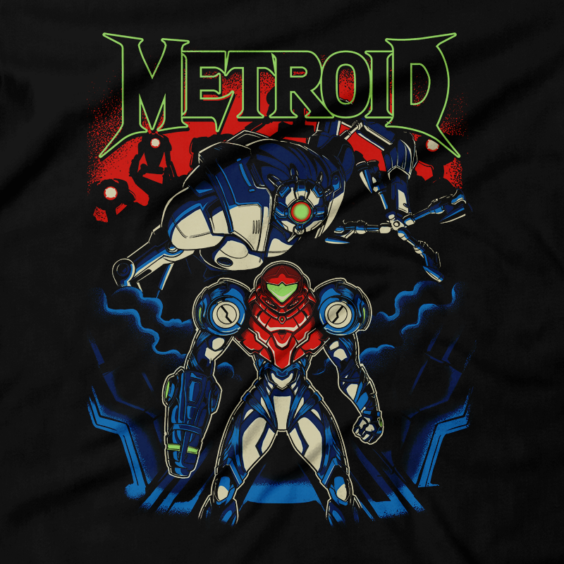 Heavy Metal Tees by Draculabyte l Made from 100% cotton, this unisex t-shirt rocks. Black T-shirt in sizes from small to 6X. Metalheads, Sci-Fi, Science Fiction, SNES, NES, Bounty Hunter, Zebes, Prime, Zero Suit, Alien, Ridley, Smash Bros, Retro Gamer, Graphic Art, Fusion, Super Nintendo, Metroid, Samus Aran, Dread, Robot, Switch Clothing