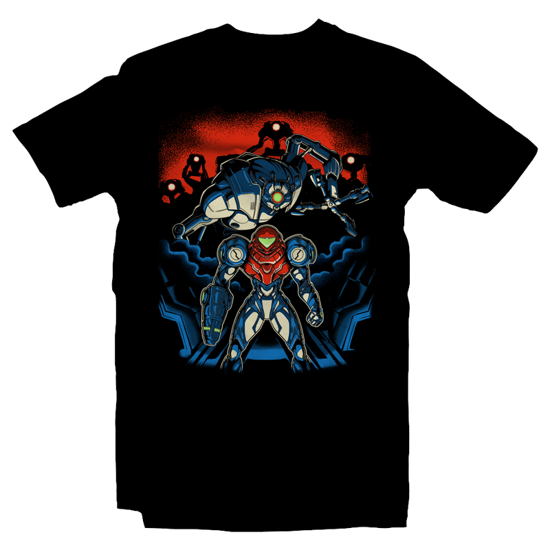 Heavy Metal Tees by Draculabyte l Made from 100% cotton, this unisex t-shirt rocks. Black T-shirt in sizes from small to 6X. Metalheads, Sci-Fi, Science Fiction, SNES, NES, Bounty Hunter, Zebes, Prime, Zero Suit, Alien, Ridley, Smash Bros, Retro Gamer, Graphic Art, Fusion, Super Nintendo, Metroid, Samus Aran, Dread, Robot, Switch Clothing