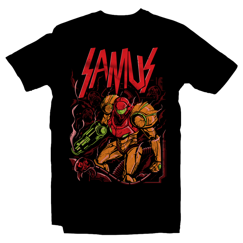Heavy Metal Tees by Draculabyte l Made from 100% cotton, this unisex t-shirt rocks. Black T-shirt in sizes from small to 6X. Metalheads, Metroid, Samus Aran, Sci-Fi, Science Fiction, SNES, NES, Bounty Hunter, Mother Brain, Zebes, Prime, Zero Suit, Alien, Ridley, Smash Bros, Retro Gamer, Graphic Art, Space, Super Nintendo, Slayer