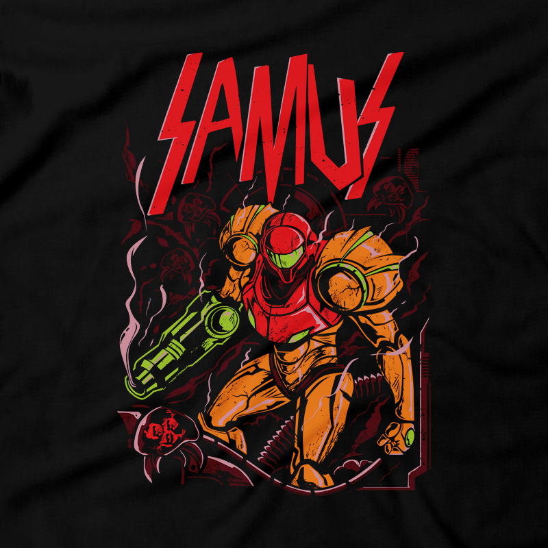 Heavy Metal Tees by Draculabyte l Made from 100% cotton, this unisex t-shirt rocks. Black T-shirt in sizes from small to 6X. Metalheads, Metroid, Samus Aran, Sci-Fi, Science Fiction, SNES, NES, Bounty Hunter, Mother Brain, Zebes, Prime, Zero Suit, Alien, Ridley, Smash Bros, Retro Gamer, Graphic Art, Space, Super Nintendo, Slayer