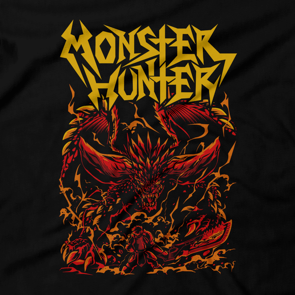 Heavy Metal Tees by Draculabyte l Made from 100% cotton, this unisex t-shirt rocks. Black T-shirt in sizes from small to 6X. Evil, Metalheads, Metal Heads, Monster, Beast, RPG, Monster Hunter World, Iceborne, Playstation, Xbox, Windows, Action Role Playing, Capcom, Hunting Horn, Great Jagras, Anjanath, Diablos, Nergigante, Legiana, Creature