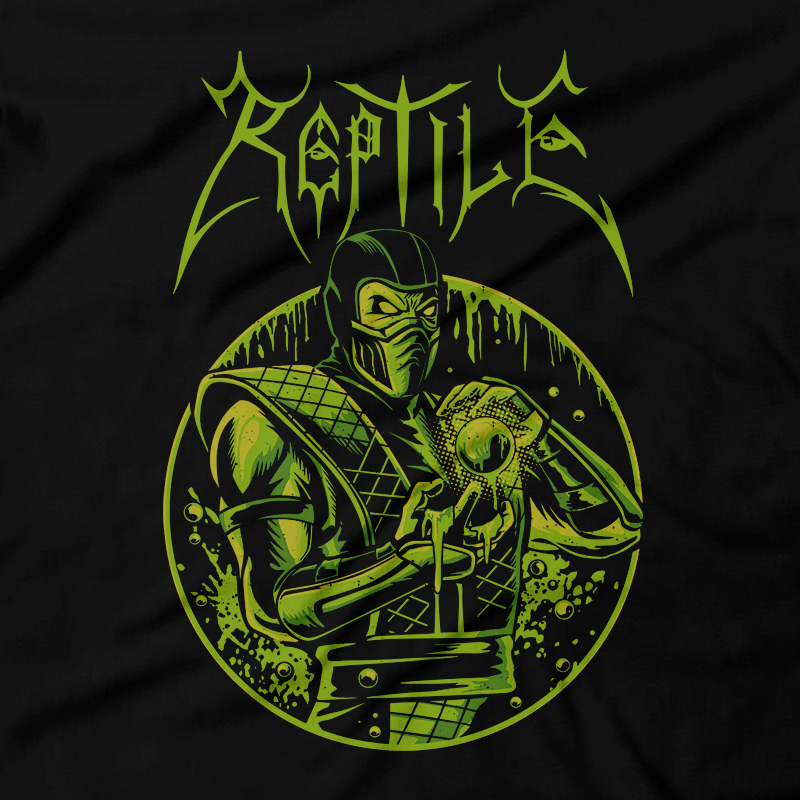 Heavy Metal Tees by Draculabyte l Made from 100% cotton, this unisex t-shirt rocks. Black T-shirt in sizes from small to 6X. Metalheads, Fighting Game, Finish Him, Arcade, Fighter, Sub Zero, Mortal Kombat 11, MK, Fatality, Blood, SNES, MK2, Raiden, 90s, 1990s, MK11, Skull, Graphic, Scorpion, Sega, Movie, Reptile, Acid, Ninja, Green