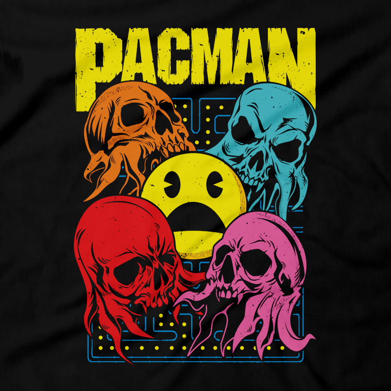 Heavy Metal Tees by Draculabyte l Made from 100% cotton, this unisex t-shirt rocks. Black T-shirt in sizes from small to 6X. Pac Man sinpred design with Ghosts, Inky, Pinky, Blinky, Clyde, Sci-Fi, Pac-Man, Space, Death, Pacman, Arcade, 80s, 1980s, Astronaut, Nasa, Skull, Skeleton, Ghost Band, Papa Emeritus, Namco, Ghouls, Horror, Art