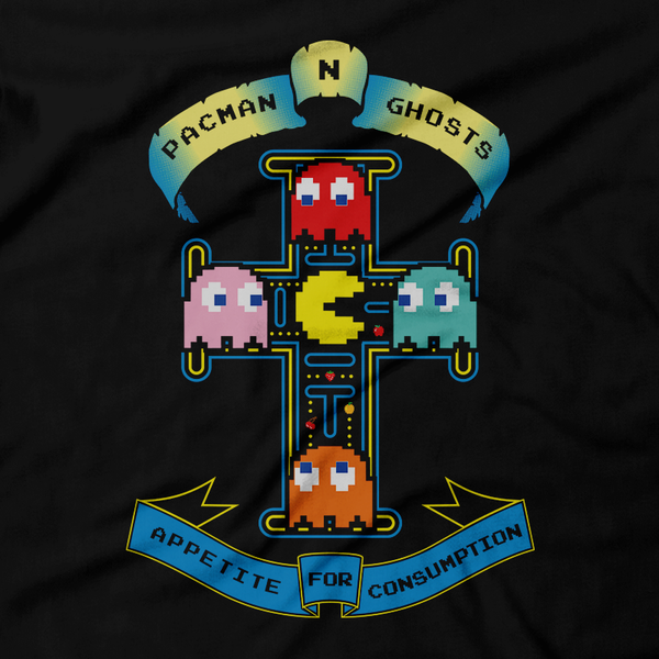 Heavy Metal Tees by Draculabyte l Made from 100% cotton, this unisex t-shirt rocks. Black T-shirt in sizes from small to 6X. Pac Man for Rock Fans, Inky, Pinky, Blinky, Clyde, Sci-Fi, Pac-Man, Space, Death, Pacman, Arcade, 80s, 1980s, Astronaut, Nasa, Skeleton, Guns N Roses, Namco, Horror, Art, Store, Clothes, Shop, Online, Rock N Roll