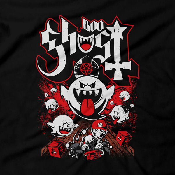 Heavy Metal Tees by Draculabyte l Made from 100% cotton, this unisex t-shirt rocks. Black T-shirt in sizes from small to 6X. Papa Ghost, King Boo, Ghost, Super Mario, SMB, Mario 3, Super Mario 64, Mario Kart, Mario Kart 64, Retro, Video Games, Gamer, Ghost Band, Papa Emeritus, Nintendo Shirt, Switch, N64, Graphic Art.