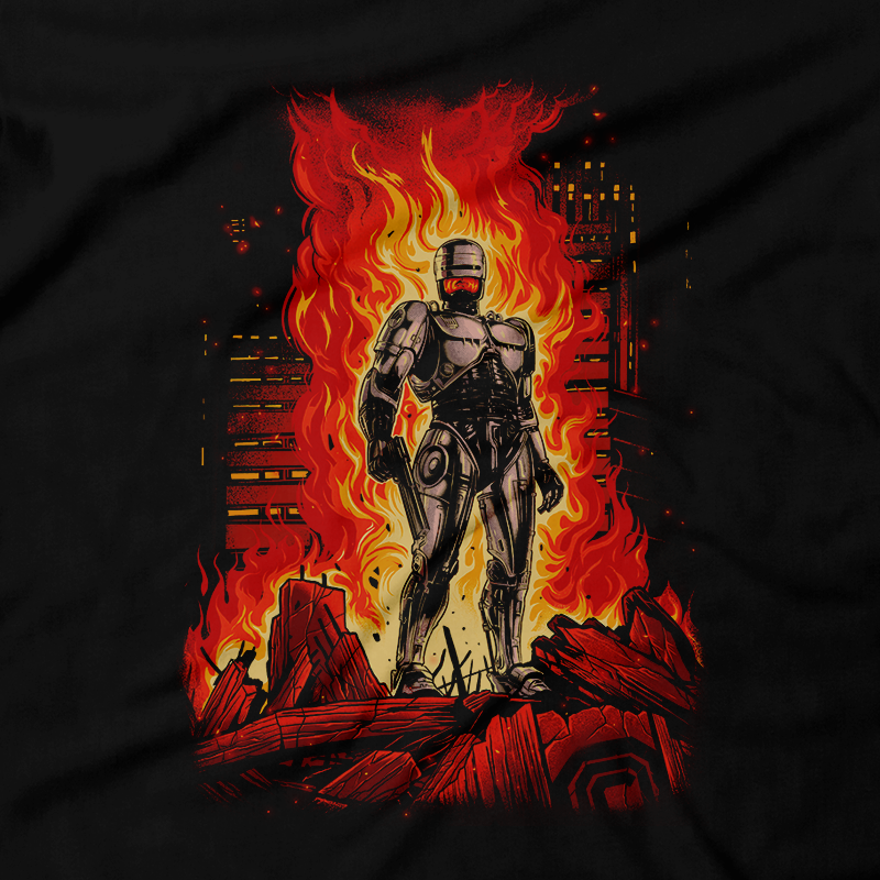 Heavy Metal Tees by Draculabyte l Made from 100% cotton, this unisex t-shirt rocks. Black T-shirt in sizes from small to 6X. Robo, Shirt, Vigilante, Robocop, 80s, Comic, Comic Book, Terminator, Video Game, Arcade, Alex Murphy, Detroit, Ed-209,  Omni Consumer Products, OCP, Robot, Mechanical, Anne Lewis, Dead or alive, Cop, Justice