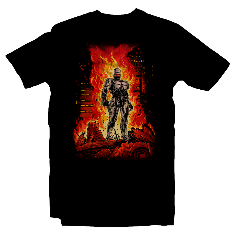 Heavy Metal Tees by Draculabyte l Made from 100% cotton, this unisex t-shirt rocks. Black T-shirt in sizes from small to 6X. Robo, Shirt, Vigilante, Robocop, 80s, Comic, Comic Book, Terminator, Video Game, Arcade, Alex Murphy, Detroit, Ed-209,  Omni Consumer Products, OCP, Robot, Mechanical, Anne Lewis, Dead or alive, Cop, Justice