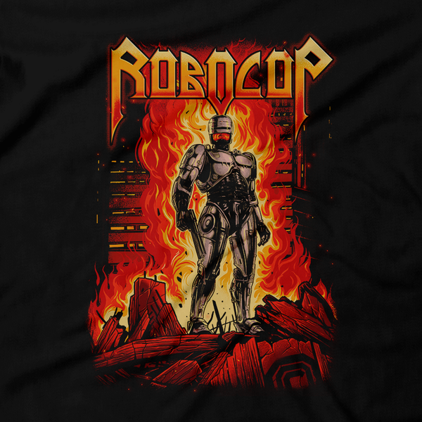 Heavy Metal Tees by Draculabyte l Made from 100% cotton, this unisex t-shirt rocks. Black T-shirt in sizes from small to 6X. Robo, Shirt, Vigilante, Robocop, 80s, Comic, Comic Book, Terminator, Video Game, Arcade, Alex Murphy, Detroit, Ed-209,  Omni Consumer Products, OCP, Robot, Mechanical, Anne Lewis, Dead or alive, Cop, Justice