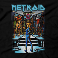 Heavy Metal Tees by Draculabyte l Made from 100% cotton, this unisex t-shirt rocks. Black T-shirt in sizes from small to 6X. Metalheads, Sci-Fi, Science Fiction, SNES, NES, Bounty Hunter, Zebes, Prime, Zero Suit, Alien, Ridley, Smash Bros, Retro Gamer, Graphic Art, Phazon, Fusion, Super Nintendo, Iron Maiden, Metroid, Samus Aran