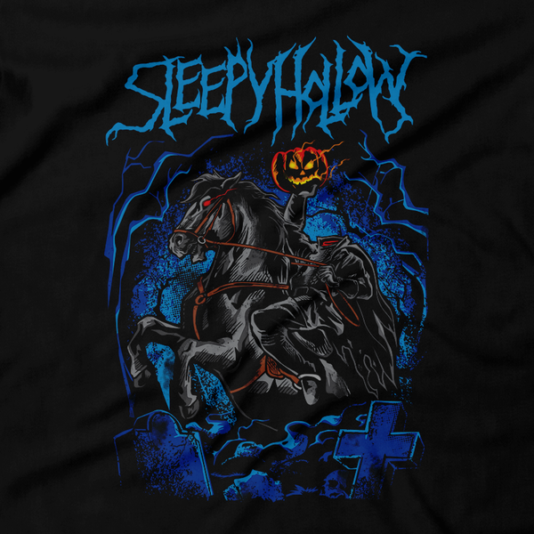 Heavy Metal Tees by Draculabyte l Made from 100% cotton, this unisex t-shirt rocks. Black T-shirt in sizes from small to 6X. Movie, Film, Horror, The Headless Horseman, Halloween, Pumpkin, Jack O lantern, Tim Burton, Johnny Depp, Sleepy Hollow, Cut off heads, Horse, Gothic, Store, Clothes, Online, Shop, Christina Ricci, Ichabod Crane