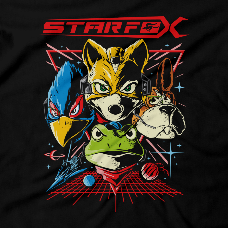 Heavy Metal Tees by Draculabyte l Made from 100% cotton, this unisex t-shirt rocks. Black T-shirt in sizes from small to 6X. Fox Mccloud, Star Fox, Star Fox 64, Nintendo 64, N64, SNES, Super Nintendo, Arwing, Falco, Peppy, Slippy, Shooter, Andross Smash Bros Ultimate, Graphic Art. Wolf, Pigma, Retro Gamer, Gaming, Video Game, Clothes, Shirt