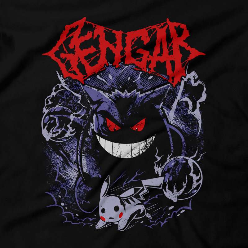 Heavy Metal Tees by Draculabyte l Made from 100% cotton, this unisex t-shirt rocks. Black T-shirt in sizes from small to 6X. Pokemon, Nintendo, Gengar, Poison, Ghost Type, Pikachua, Shadow, Blue, Red, Moon, Retro, Video Games, Gamer, Card, Sun, Game Boy Ghost Band, Papa Emeritus, Nintendo Shirt, Switch, Sword and Shield, Graphic Art.