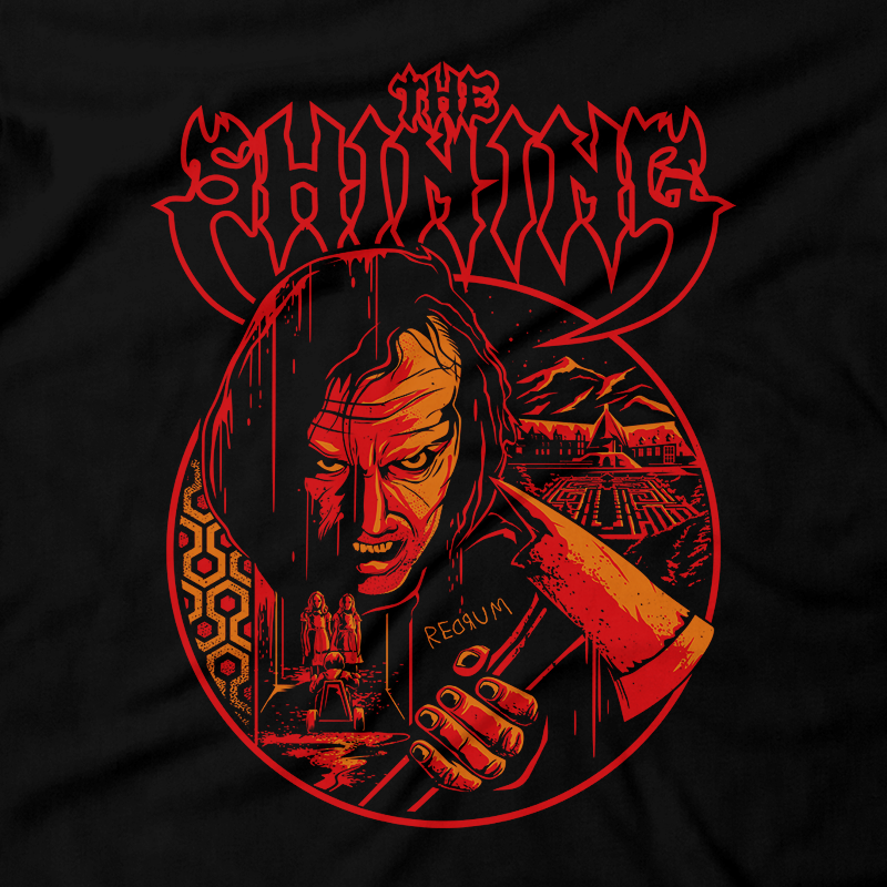 Heavy Metal Tees by Draculabyte l Made from 100% cotton, this unisex t-shirt rocks. Black T-shirt in sizes from small to 6X. Stanley Kubrick, The Shining, Overlook Hotel, Here's Johnny, Stephen King, Jack Nicholson, Shelley Duvall, Wendy Torrance, Danny Lloyd, Danny Torrance, Jack Torrance, Grady Twins, Room 237, Maze, Redrum, Murder, Horror, Art