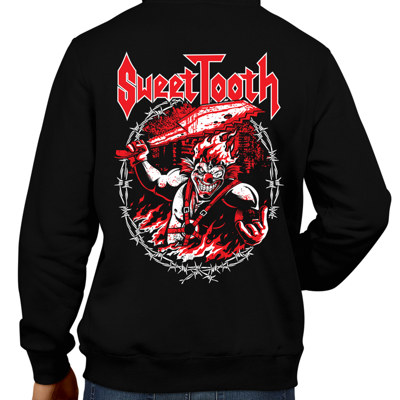 This unisex hoodie rocks. Black Hoodie For Men or Women. Sizes S to 5X - Metalheads, Sweet Tooth, Playstation 2, Playstation 4, PS5, PS3, PS2, PSP, shirt, gift, Mr. Grimm, Black, Doll Face, Car Combat, Clown, Axel, PS1, Calypso, Minion, Warthog, Twisted Metal, Graphic Art, PS1, Online Shop, Store, Clothes, David Jaffe, Horror