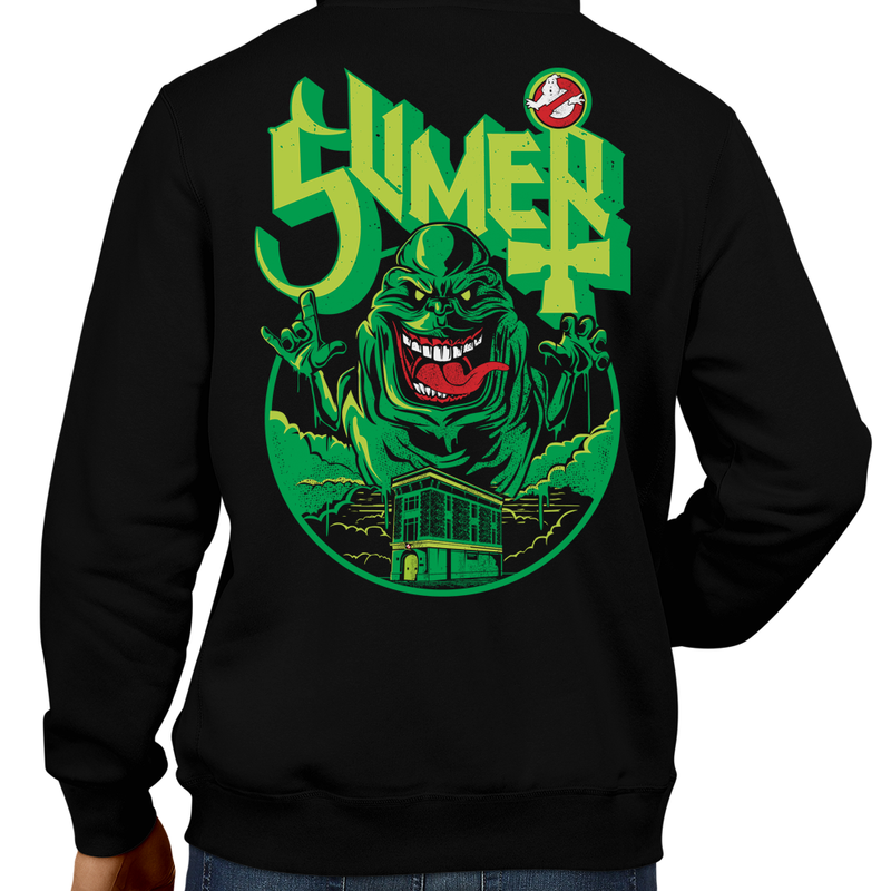 This unisex hoodie rocks. Black Hoodie For Men or Women. Sizes S to 5X - SLime the City Green. Ghostbusters inspired design with Slimer, Slime, Peter Venkman, Raymond Stantz, Egon Spengler, Who Ya Gonna Call, Zuul, New York, Logo, Stay Puft, 80s Movie, 1980s, Ghost Band, Papa Emeritus, Namco, Horror, Art